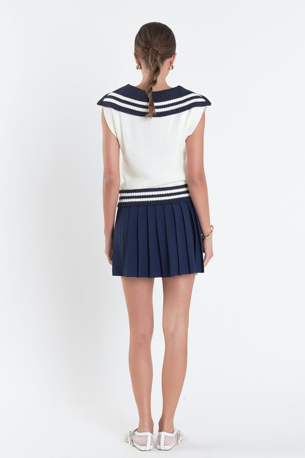 English Factory Pleated Mini Knit Skirt NAVY/WHITE