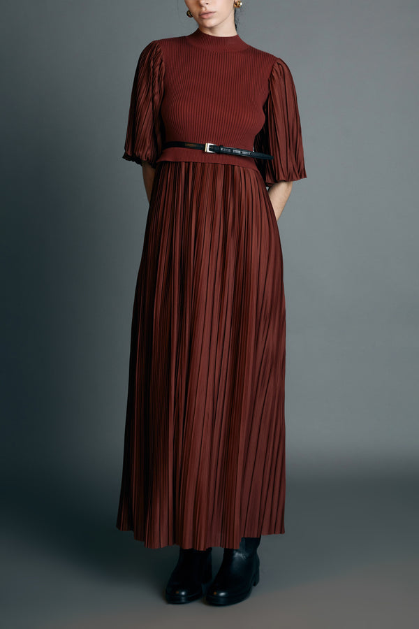 English Factory Pleated Mix Media Maxi Dress BRICK