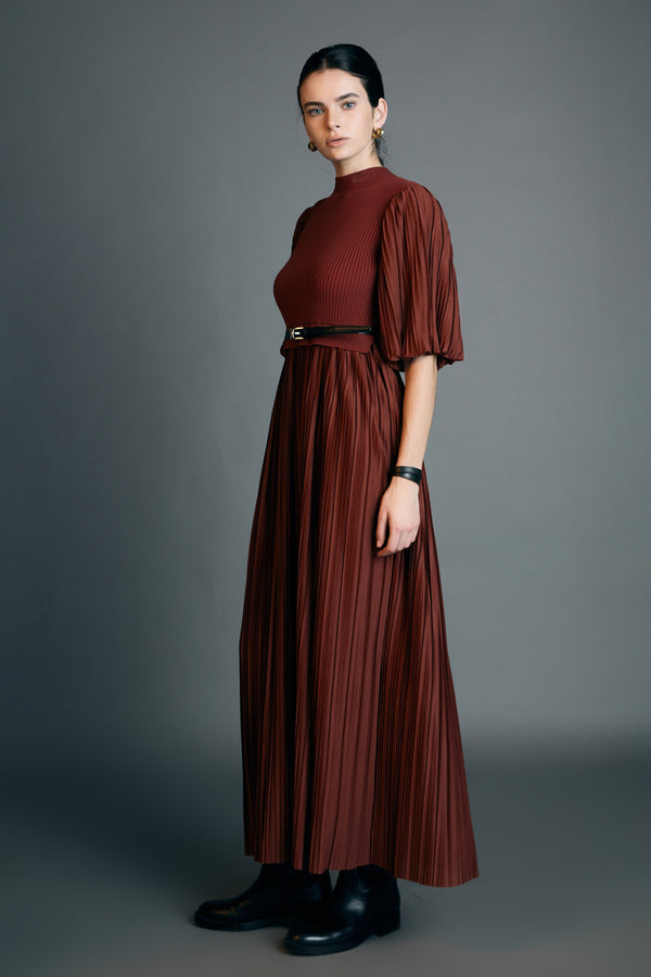 English Factory Pleated Mix Media Maxi Dress BRICK