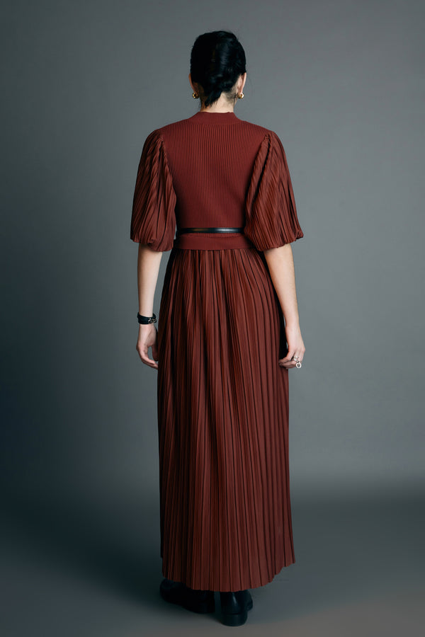 English Factory Pleated Mix Media Maxi Dress BRICK