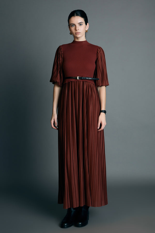 english factory Pleated Mix Media Maxi Dress BRICK