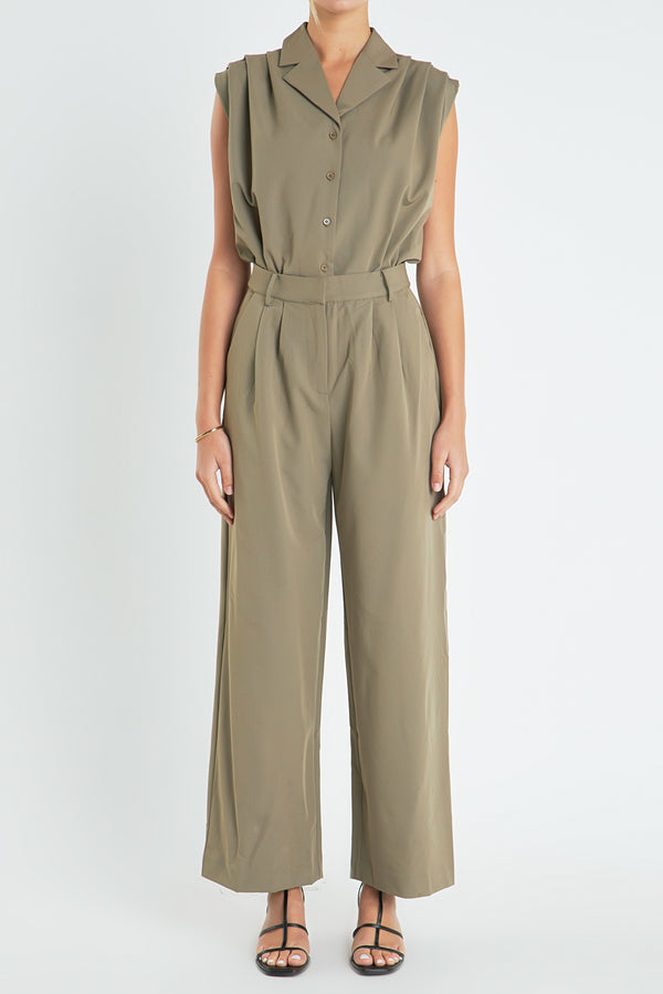 English Factory Pleated Sleeveless Jumpsuit KHAKI