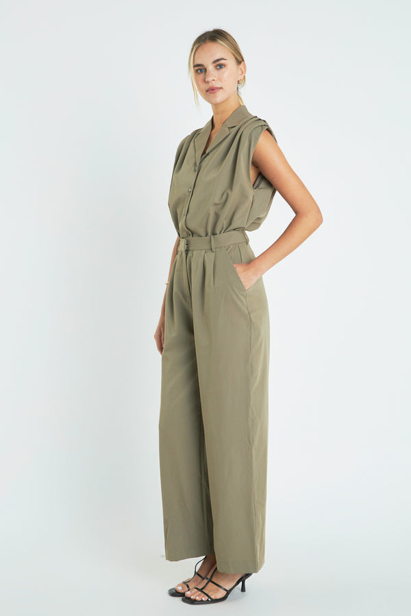 English Factory Pleated Sleeveless Jumpsuit KHAKI