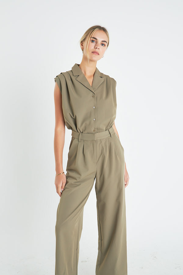 English Factory Pleated Sleeveless Jumpsuit KHAKI
