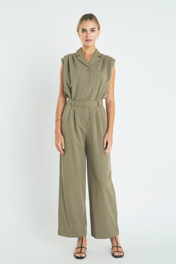 english factory Pleated Sleeveless Jumpsuit KHAKI