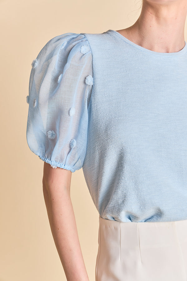 English Factory Pom Pom Mixed Media Top BLUE