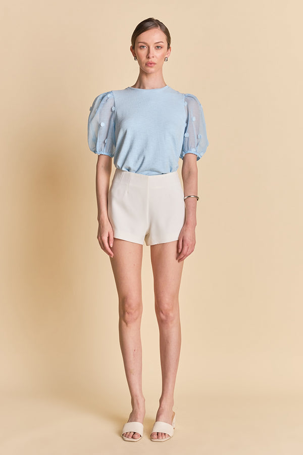 english factory Pom Pom Mixed Media Top BLUE