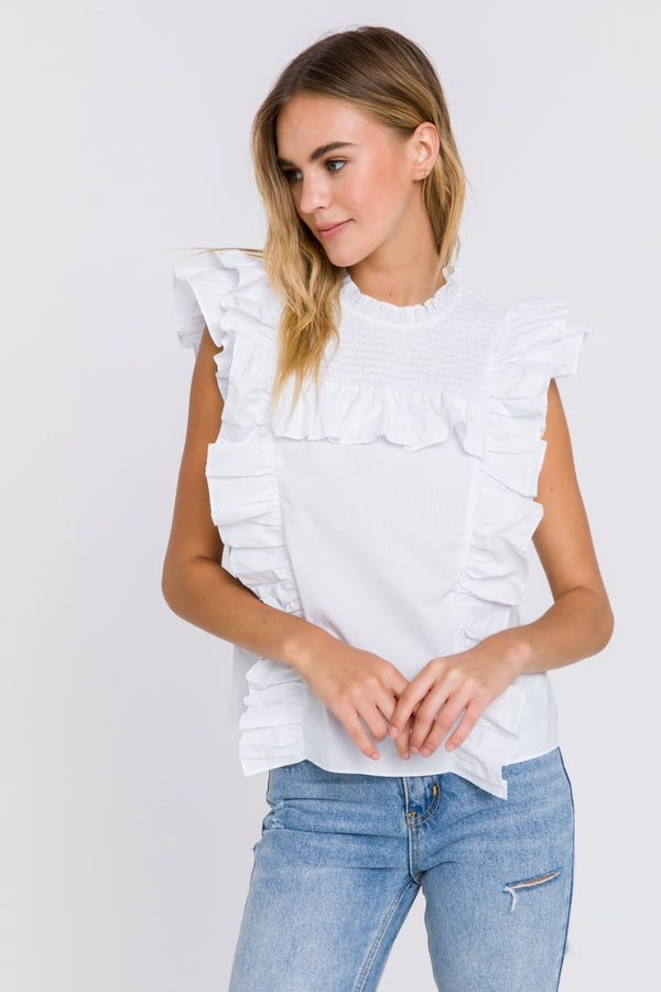 English Factory Poplin Smocked Ruffled Top WHITE
