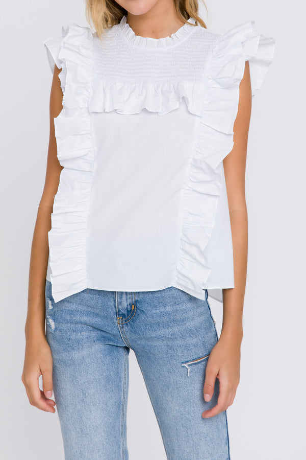 English Factory Poplin Smocked Ruffled Top WHITE