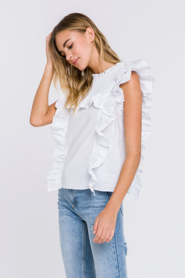 English Factory Poplin Smocked Ruffled Top WHITE