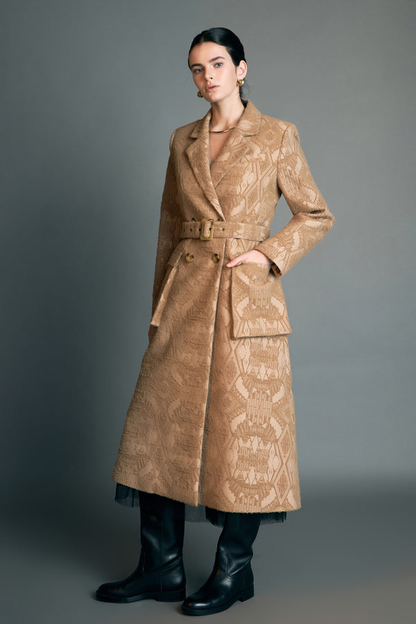 English Factory Premium Brocade Swing Coat CAMEL