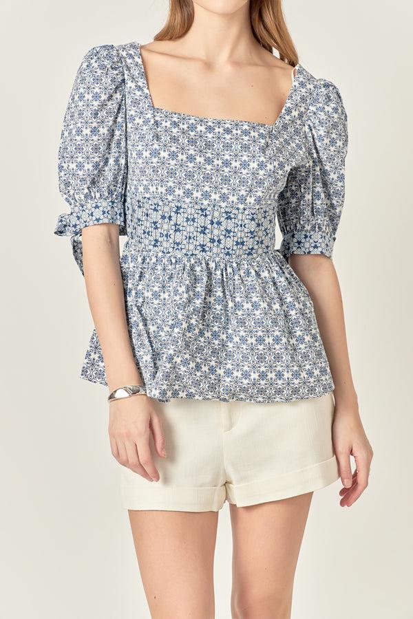 English Factory Print Block Smocked Top WHITE/BLUE
