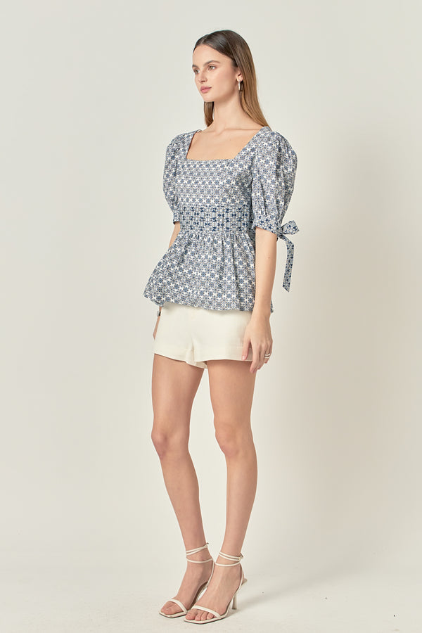 English Factory Print Block Smocked Top WHITE/BLUE