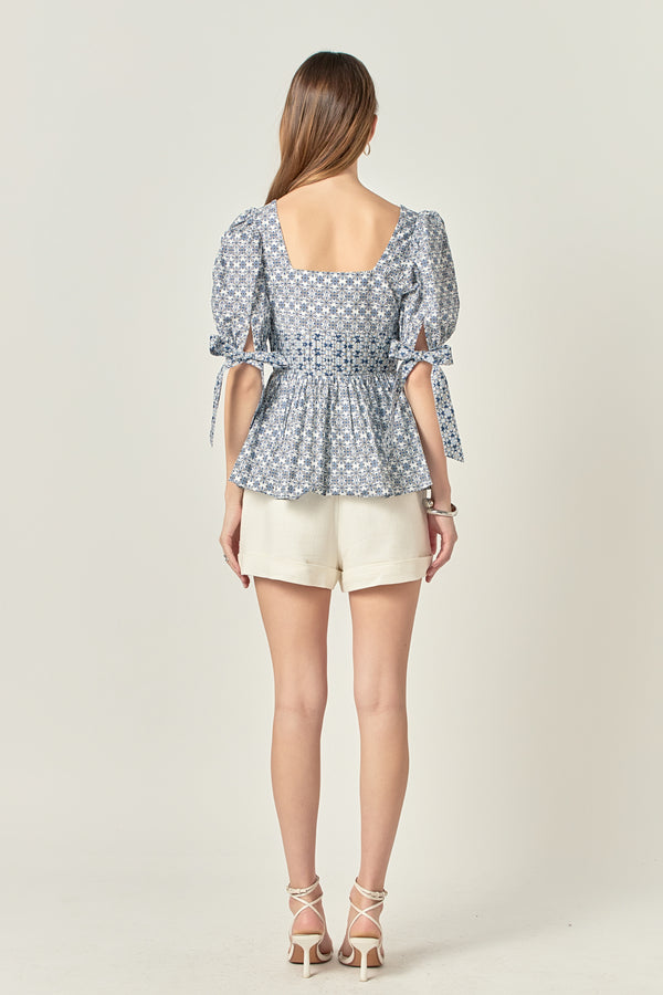 English Factory Print Block Smocked Top WHITE/BLUE