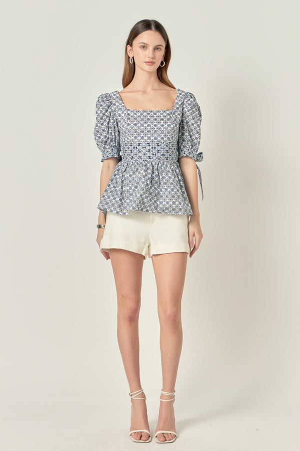 english factory Print Block Smocked Top WHITE/BLUE