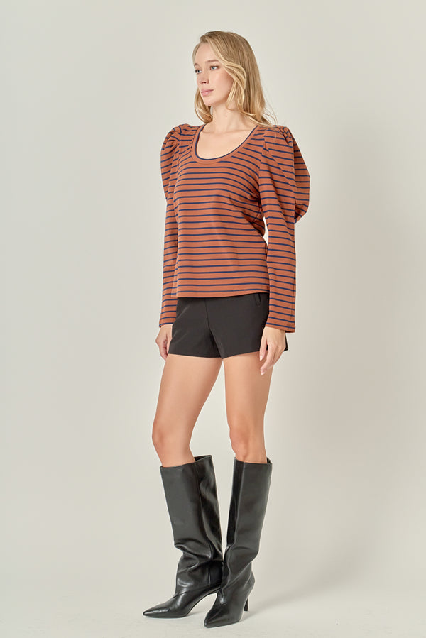 English Factory Puff Sleeve Knit Top BROWN/NAVY