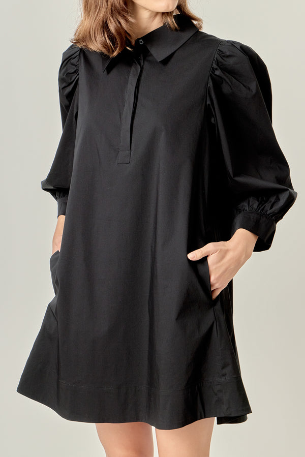 English Factory Puff Sleeve Shirt Mini Dress BLACK