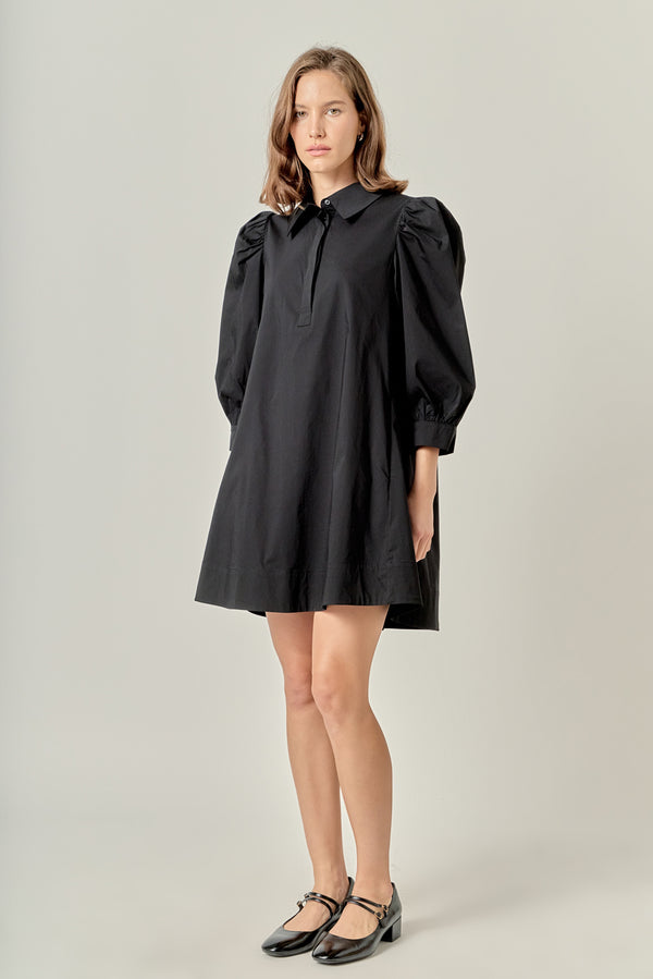 English Factory Puff Sleeve Shirt Mini Dress BLACK