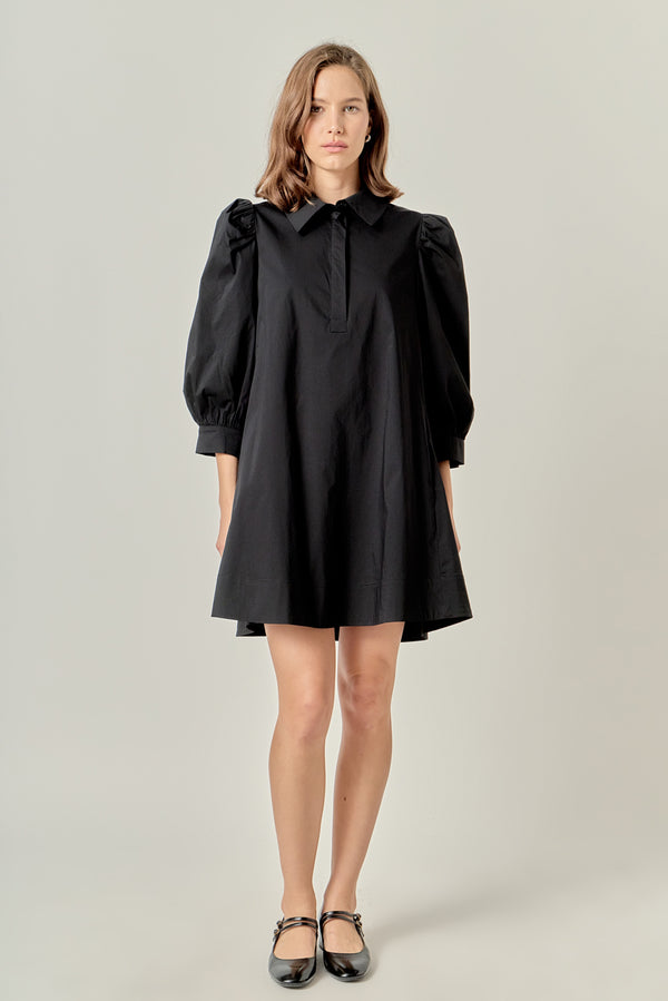 english factory Puff Sleeve Shirt Mini Dress BLACK