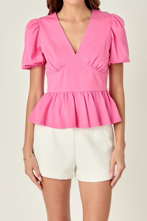 English Factory Puff Sleeve V-Neck Knit Top PINK