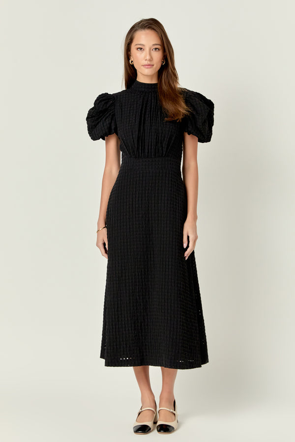 english factory Puff Sleeves Midi Dress BLACK