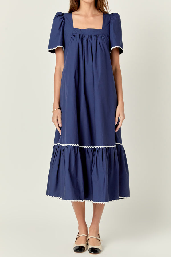 English Factory Ric Rac Midi Dress NAVY