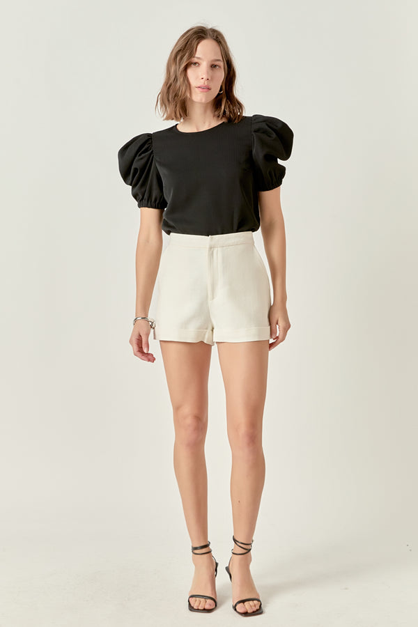 english factory Ruched Puff Sleeve Top BLACK