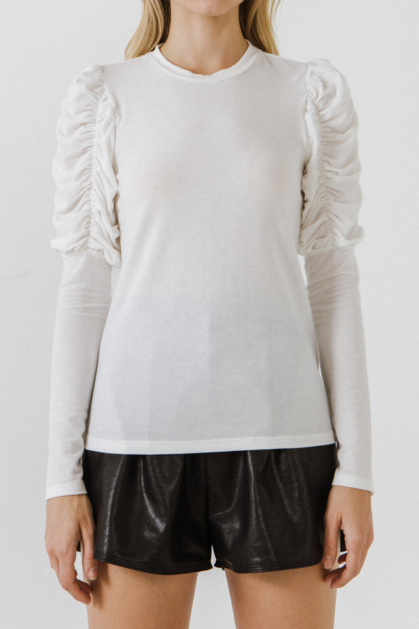 English Factory Ruched Sleeve Knit Top BLACK