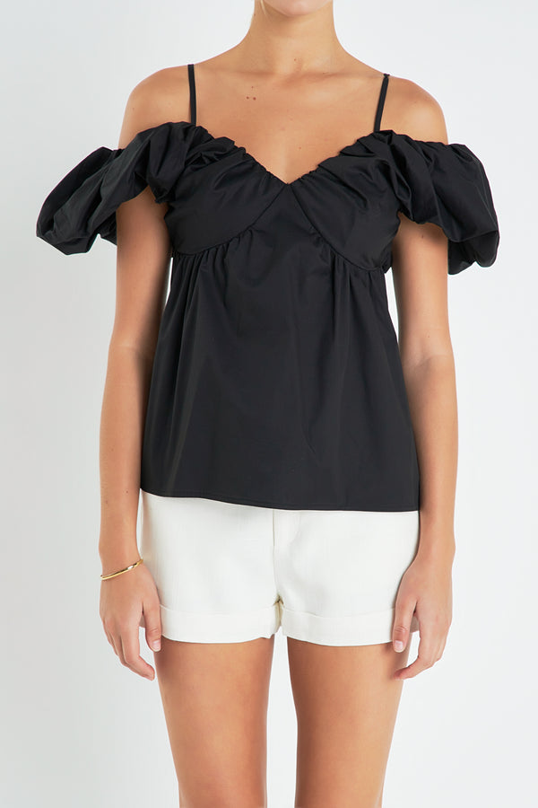 English Factory Ruched Sleeve Top BLACK