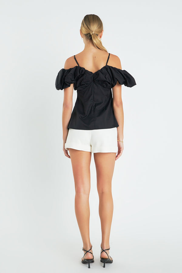 English Factory Ruched Sleeve Top BLACK