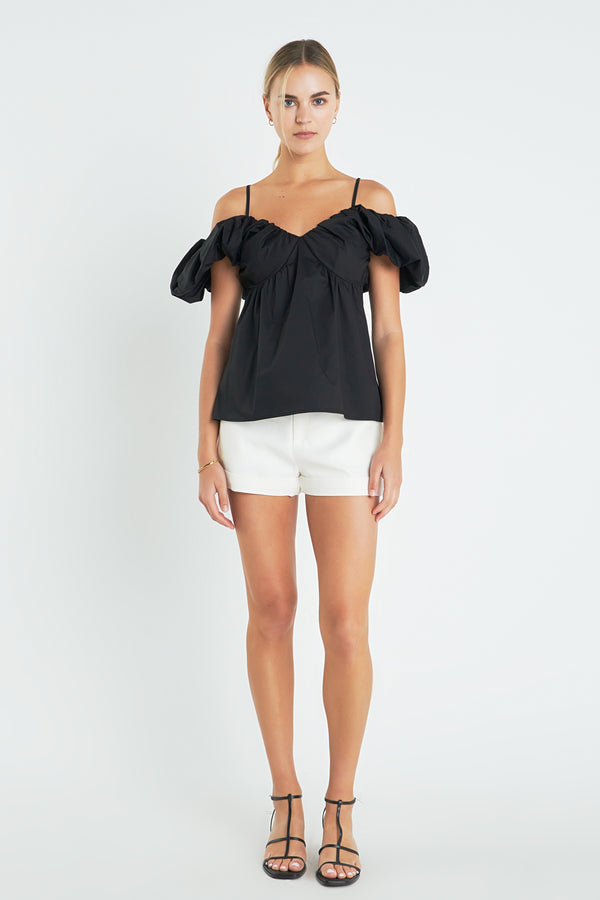 english factory Ruched Sleeve Top BLACK