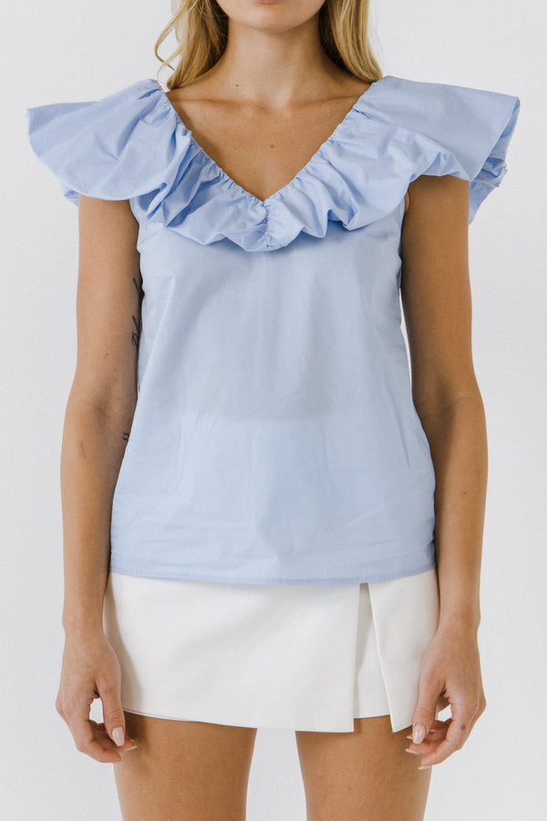 English Factory Ruffle At Neckline Top POWDER BLUE