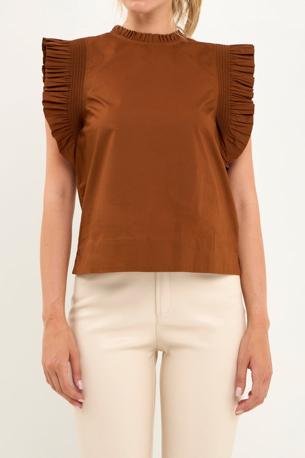 English Factory Ruffle Sleeve Top - Final Sale BROWN