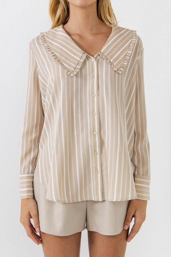 English Factory Ruffled-Collar Striped Shirt BEIGE