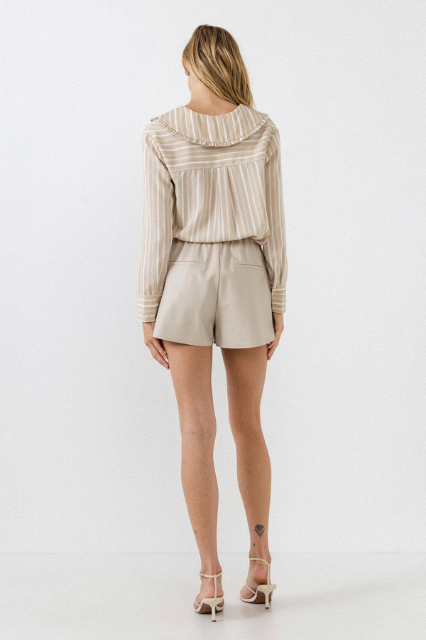 English Factory Ruffled-Collar Striped Shirt BEIGE