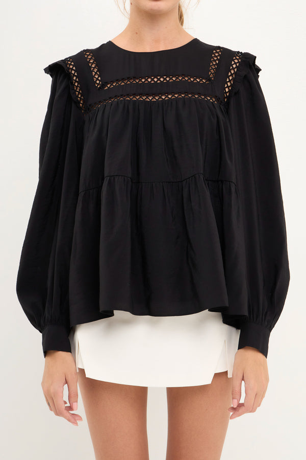 English Factory Ruffled Lace Insert Blouse BLACK