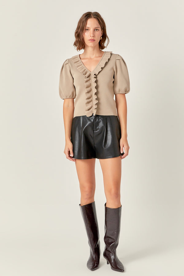 english factory Ruffled Puff Sleeve Knit Top TAUPE