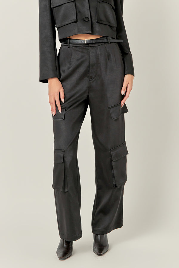 English Factory Satin Wide Leg Cargo Pants BLACK