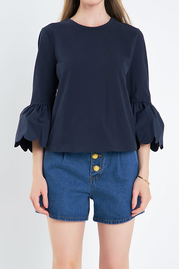 English Factory Scallop Bell Sleeve T-Shirt NAVY