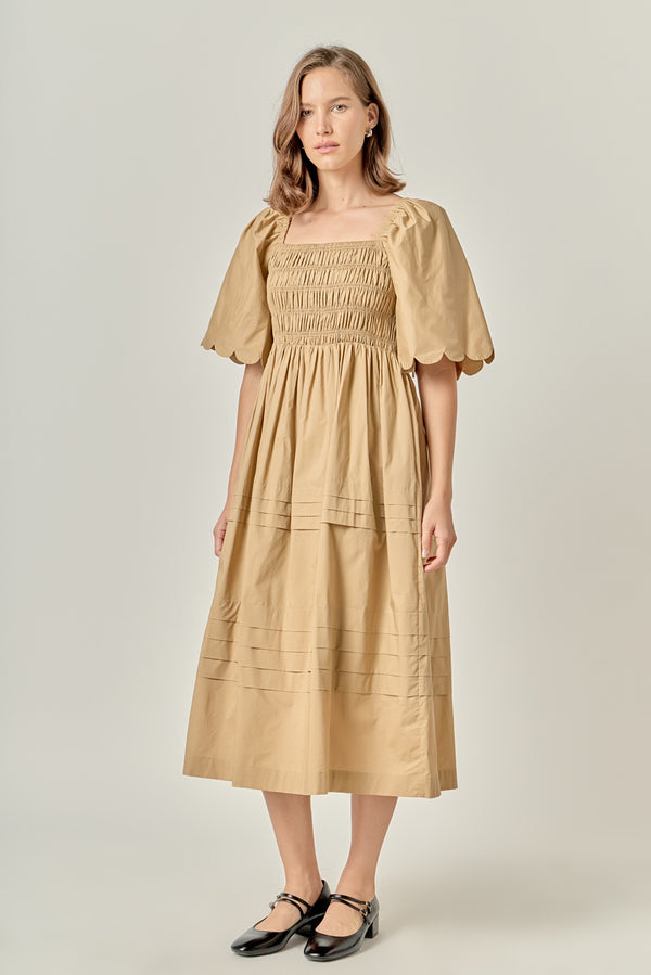 English Factory Scallop Detail Midi Dress TAN