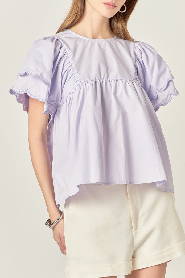 English Factory Scallop Hem Sleeve Top LAVENDER