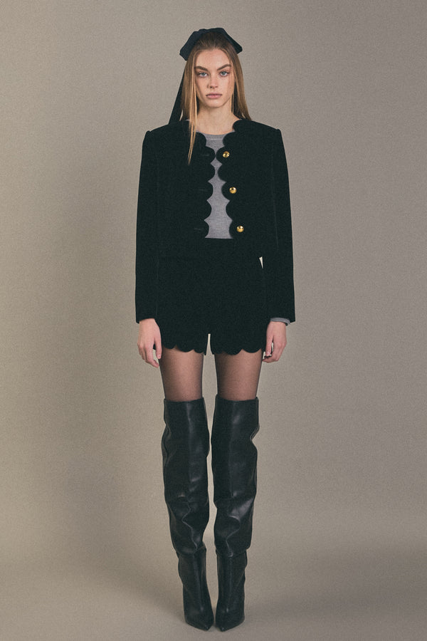 English Factory Scallop Velvet Shorts BLACK