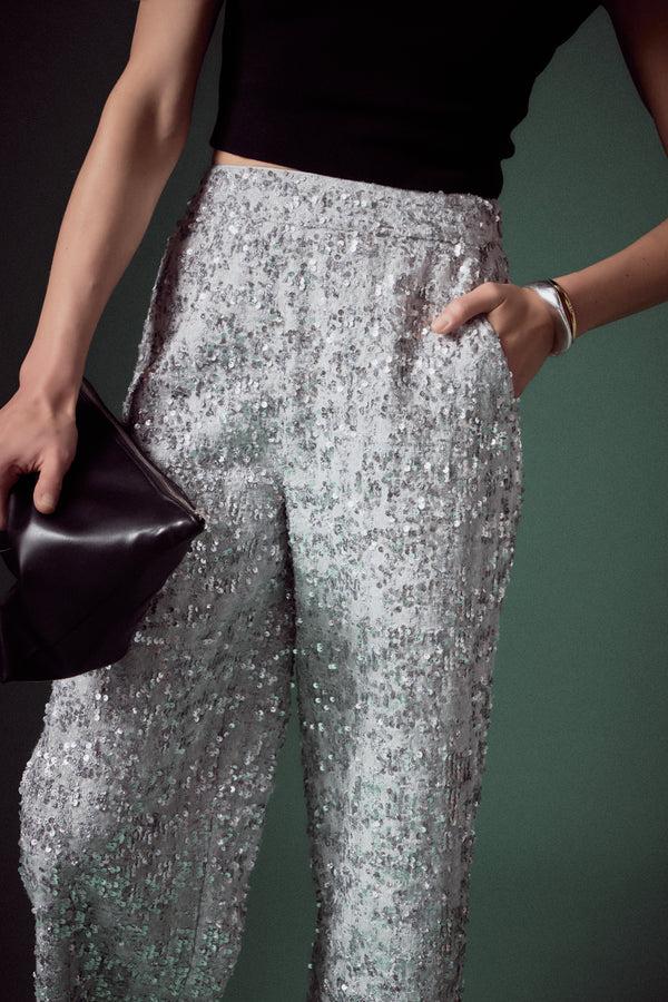 English Factory Sequin Tweed Culotte Pants SILVER
