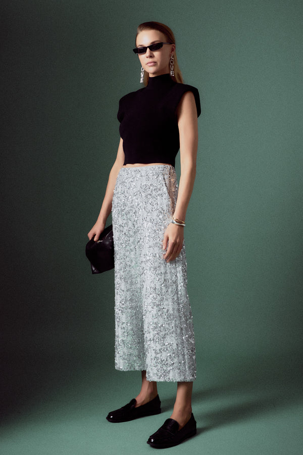 English Factory Sequin Tweed Culotte Pants SILVER