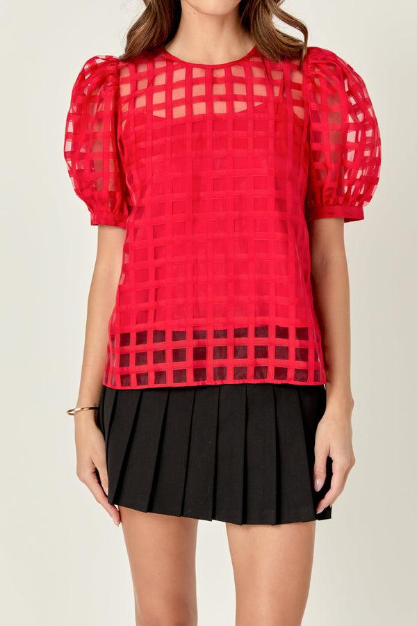 English Factory Sheer Plaid Puff Sleeve Top RED