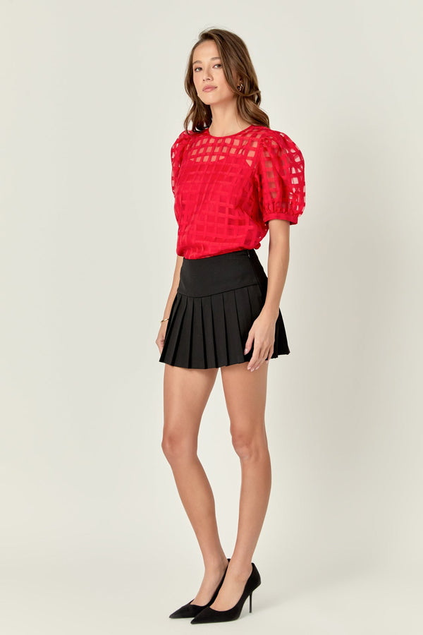 English Factory Sheer Plaid Puff Sleeve Top RED