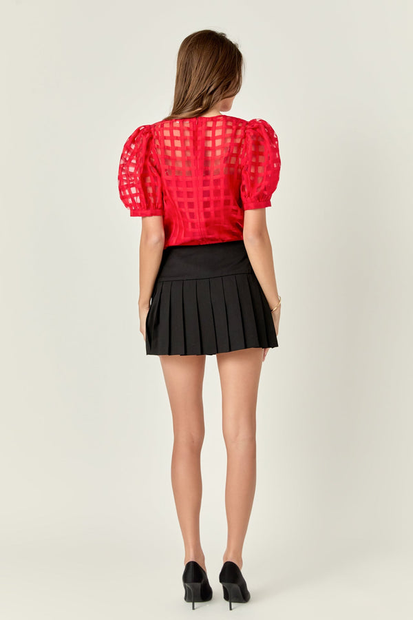 English Factory Sheer Plaid Puff Sleeve Top RED