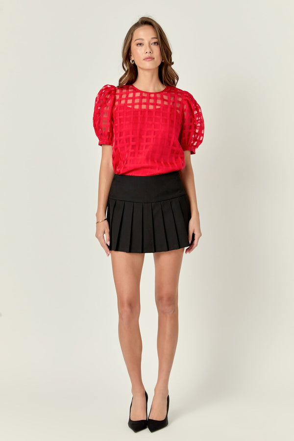 english factory Sheer Plaid Puff Sleeve Top RED