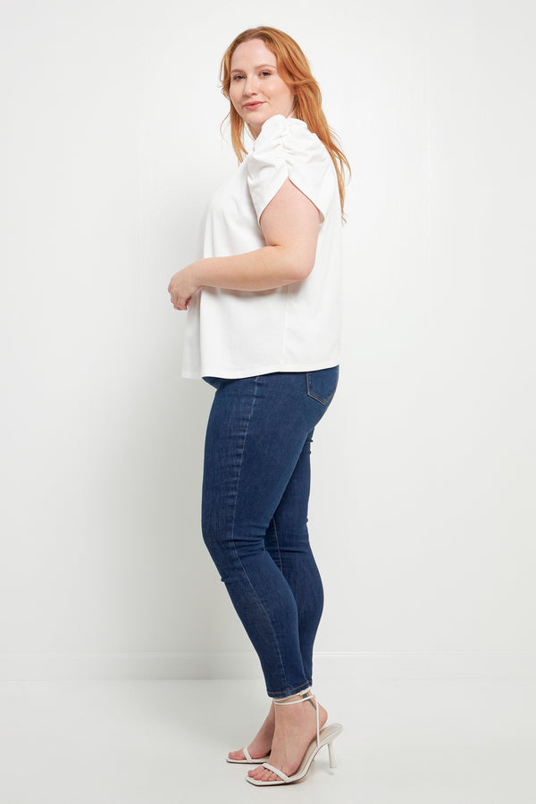 English Factory Shirring Sleeve Knit Top WHITE