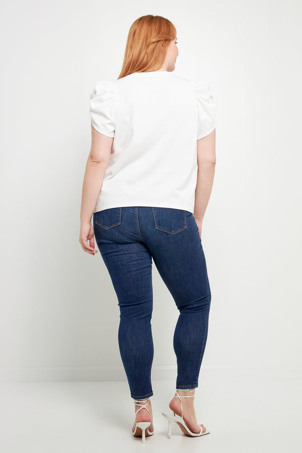 English Factory Shirring Sleeve Knit Top WHITE